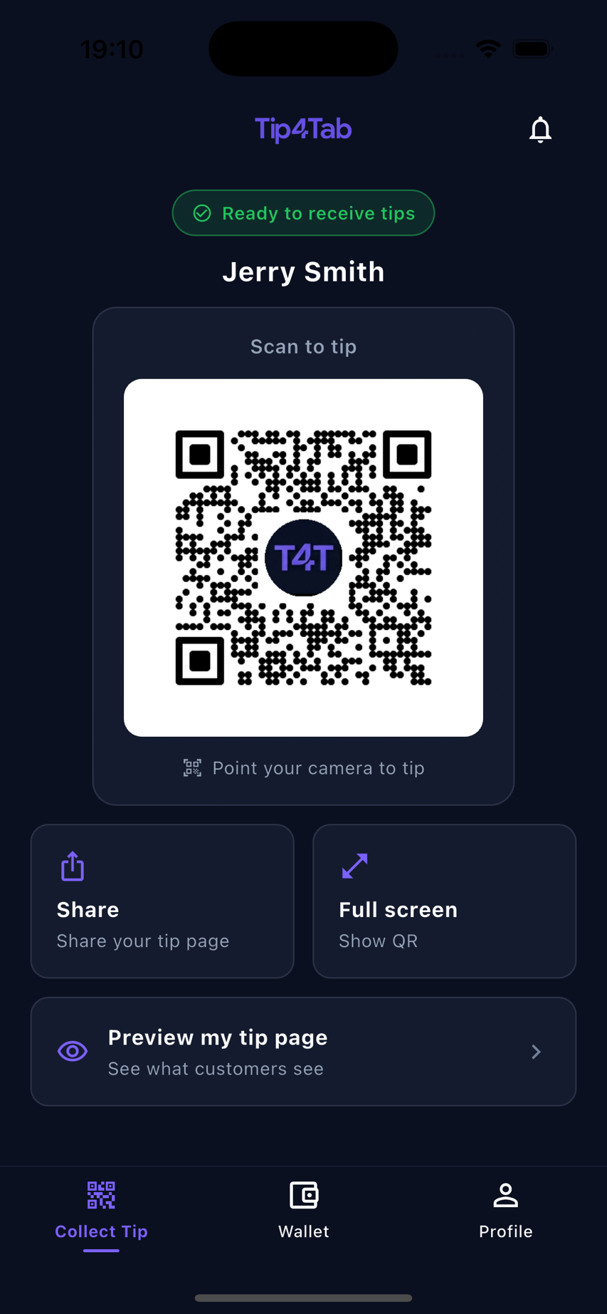 Tip4Tab Collect Tip screen — your QR code, ready to receive tips