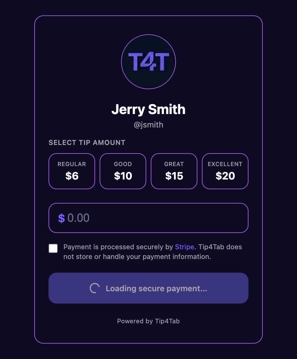 A worker's Tip4Tab tip page opened in the browser, with preset amounts and a custom field
