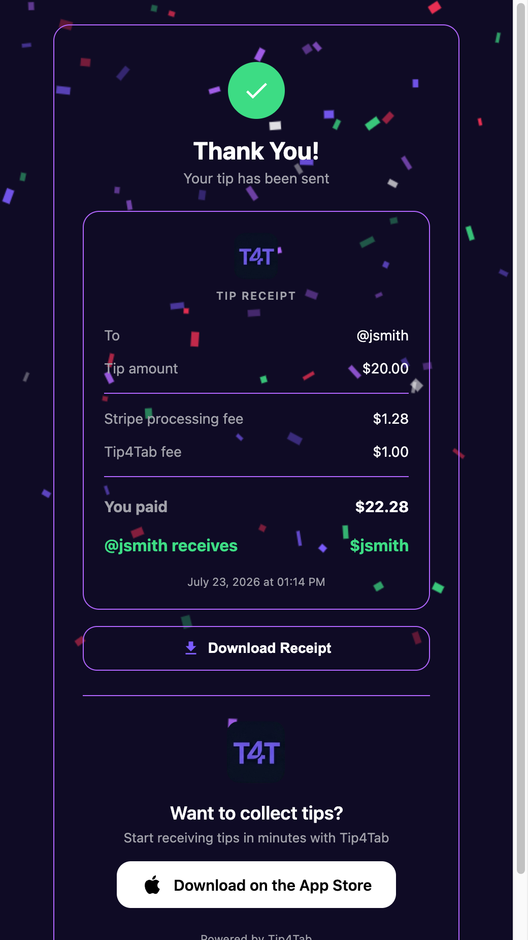 Tip4Tab receipt showing the tip, fees, and the amount the worker receives, with a download button