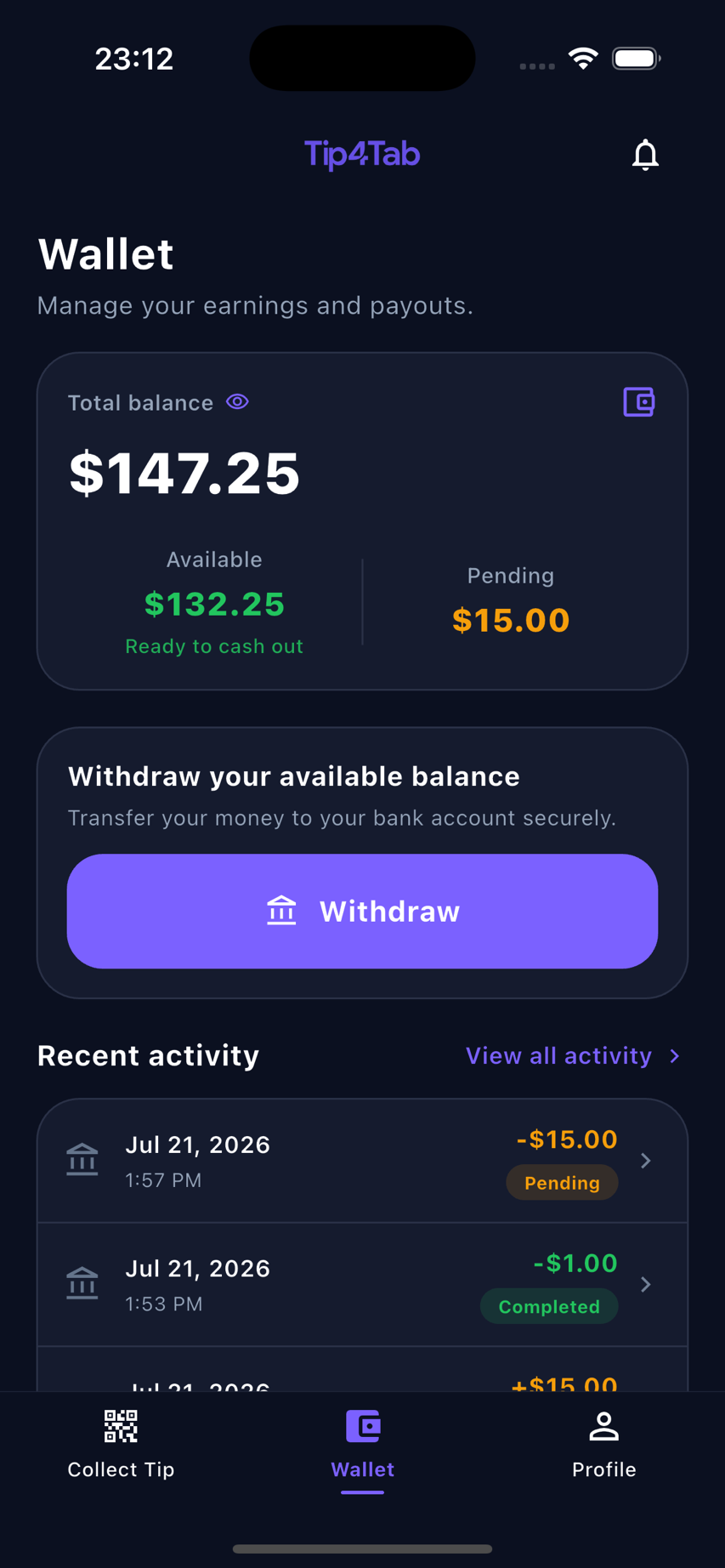 Tip4Tab Wallet — balance, recent activity, and cash out